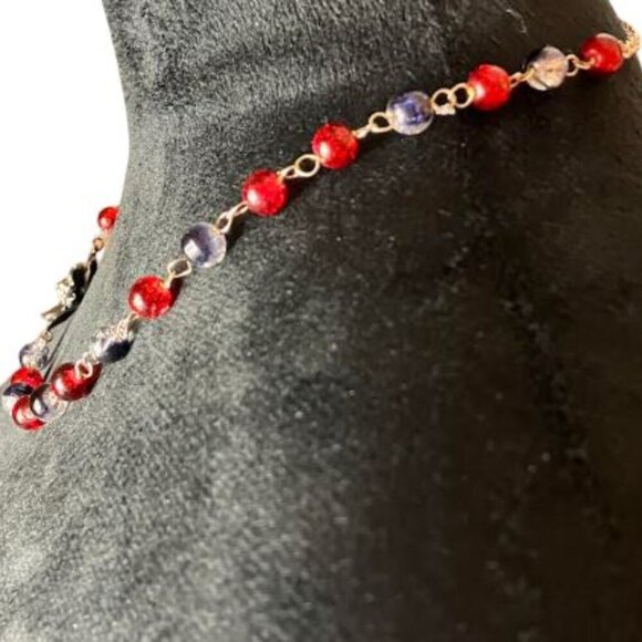 Handcrafted Tri-Color Glass Beads w/Gunmetal Floral Accent 20" Necklace - Picture 2 of 5